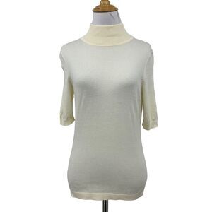Talbots Top Womens SP Petite Small Cream Mock Neck Ribbed Knit Short Sleeve